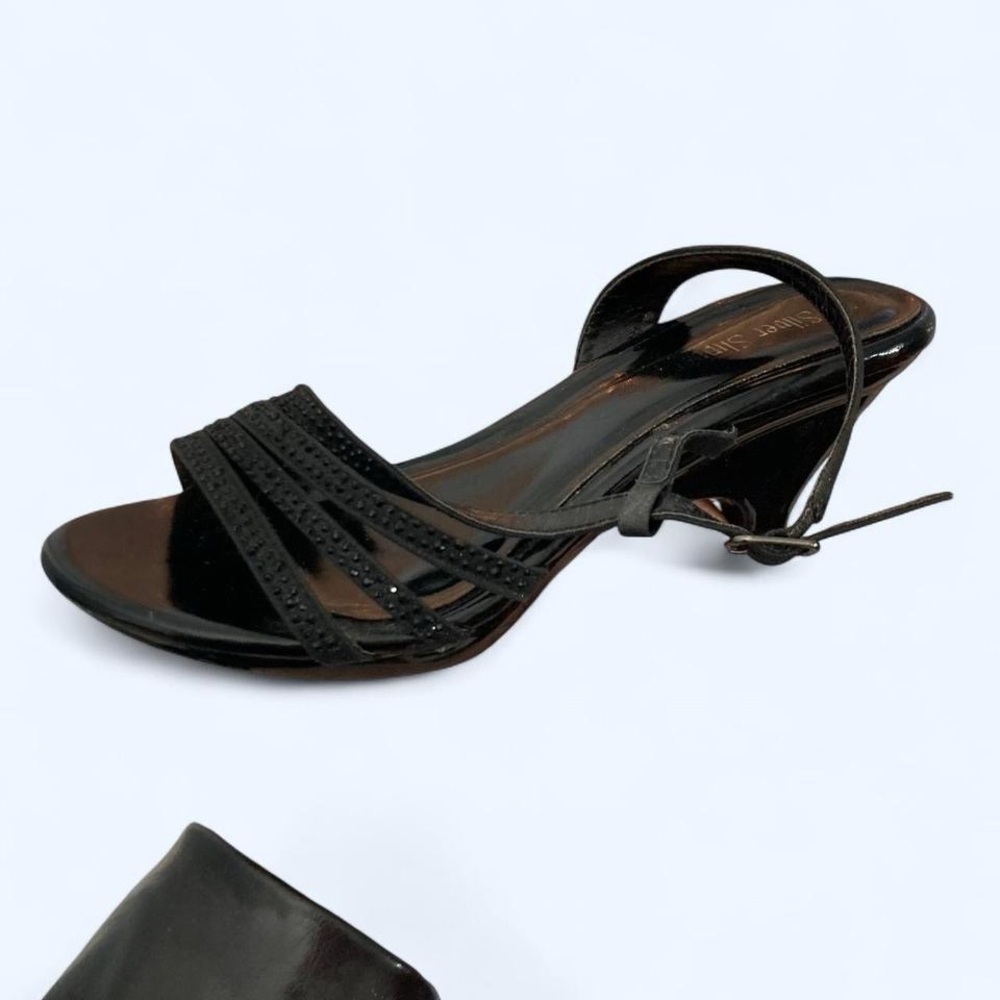Black faux leather sandals with rhinestones #glamour approx size 6